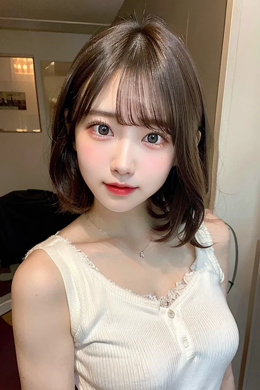 Deep-set eyelids,naked eye,highest quality,Ultra-detailed,masterpiece,Realistic,Photo realistic,Bright lighting,One Girl, (cute:1.2),smile,(Brown haired),(Bob Hair),Perfect glowing skin,Perfect Skin,light makeup,((Accurate needles without discomfort)),C cup breasts and a slim waist,Selfie,Look at the viewers,Whole Body Ezbian,dual,25 year old girl,Baby Face,T-shirt,Outdoor,wood々,Natural light