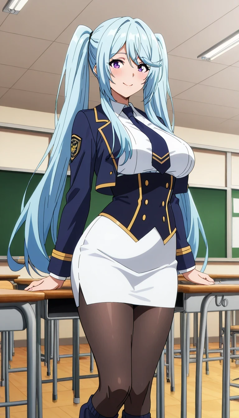 score_9, score_8_up, score_7_up, source_anime top quality、8k、masterpiece、natural light、high accuracy、perfect anatomy、transparent yoga tights for one woman、Mature Woman、medium breasts, sagging breasts:1.6, voluptuous body, epsilon, long hair, twintails, blue hair, purple eyes, sidelocks, ( Happy Expression 、fun expression)、 school uniform, open jacket, cropped jacket, navy jacket, gold trim, white shirt, long sleeves, navy corset, white skirt, tight pencil skirt, navy necktie, pantyhose, ((School Classroom)), sexy pose、loose socks