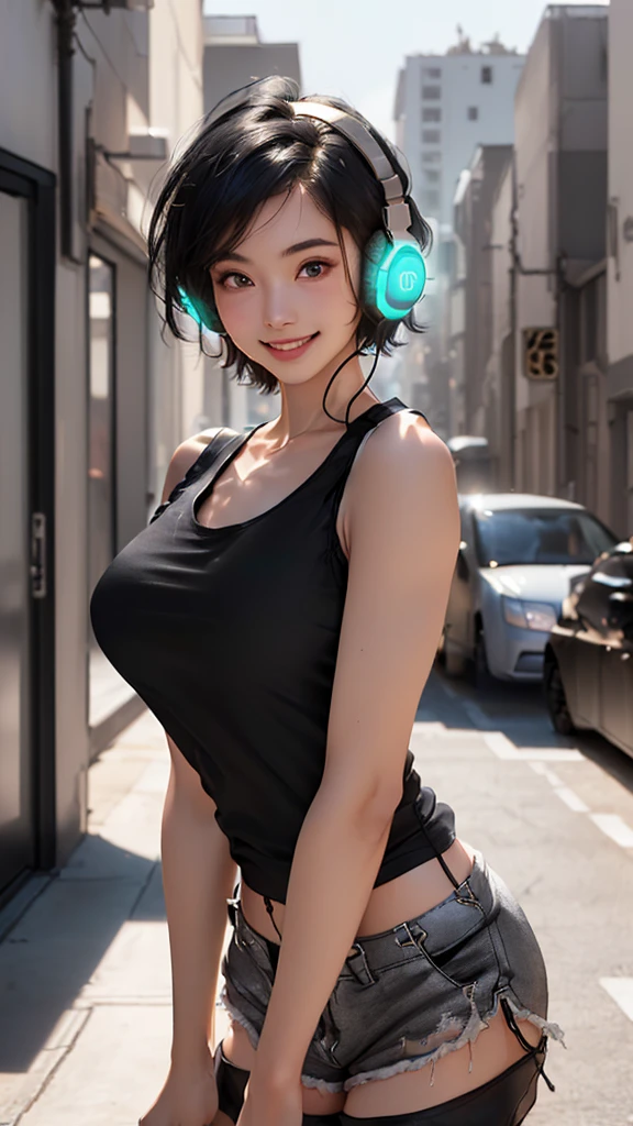 sfw, (masterpiece、ultra-detailliert、8K、top-quality:1.5)、((Awesome))、Shorthair with bangs、((Wearing a black hoodie、White sleeveless、Blue shorts))、smil、((Wear black headphones around your neck))、sitting on、a park、Put both hands in the pockets of your hoodie、Show the armpits, wearing bra,((skinny waist)), young asian girl, ((big breasted)),