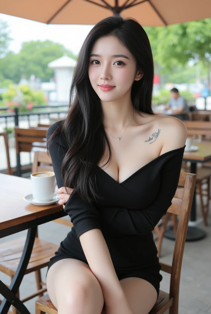 ((best quality, 8K, masterpiece: 1.3)), beautiful girl, pure, melon face, kind and cute, sweet smile, pure desire, slender body, (front), (tilted head), ((looking at camera) ), wearing a gray suit, black silky medium hair, long flowing shoulders, round black big eyes, clear big eyes, moist red lips, sweet, sitting in a cafe, cafe background , ((((whole body)))),