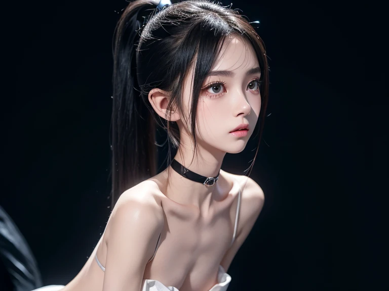 naked、Short half twin tails、((Small Bust))、Black Hair
