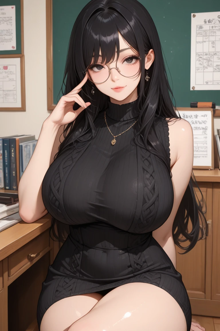 (masterpiece1.5),adult lady,Huge breasts,Solo,(((braid))), Long hair, half-opened mouth,(Red Frame Glasses),(Black hair), (large eyes with double eyelids),(Thick lip),(lofty nose),(High gauge (tight fitted:1.1) (Black:1.3) turtle neck:1.1), (Tuck-in:1.3), (Orange Cardigan:1.2), (checkered (Dark olive green) Tapered pants:1.3), Dark brown belt, Gold necklace, (Dark brown:1.1) lowfers,Nice backgrounds for your subject、beatiful backgrounds、spot light、Vibrant colors、(((Detailed drawing)))、Perfect Beautiful Girl