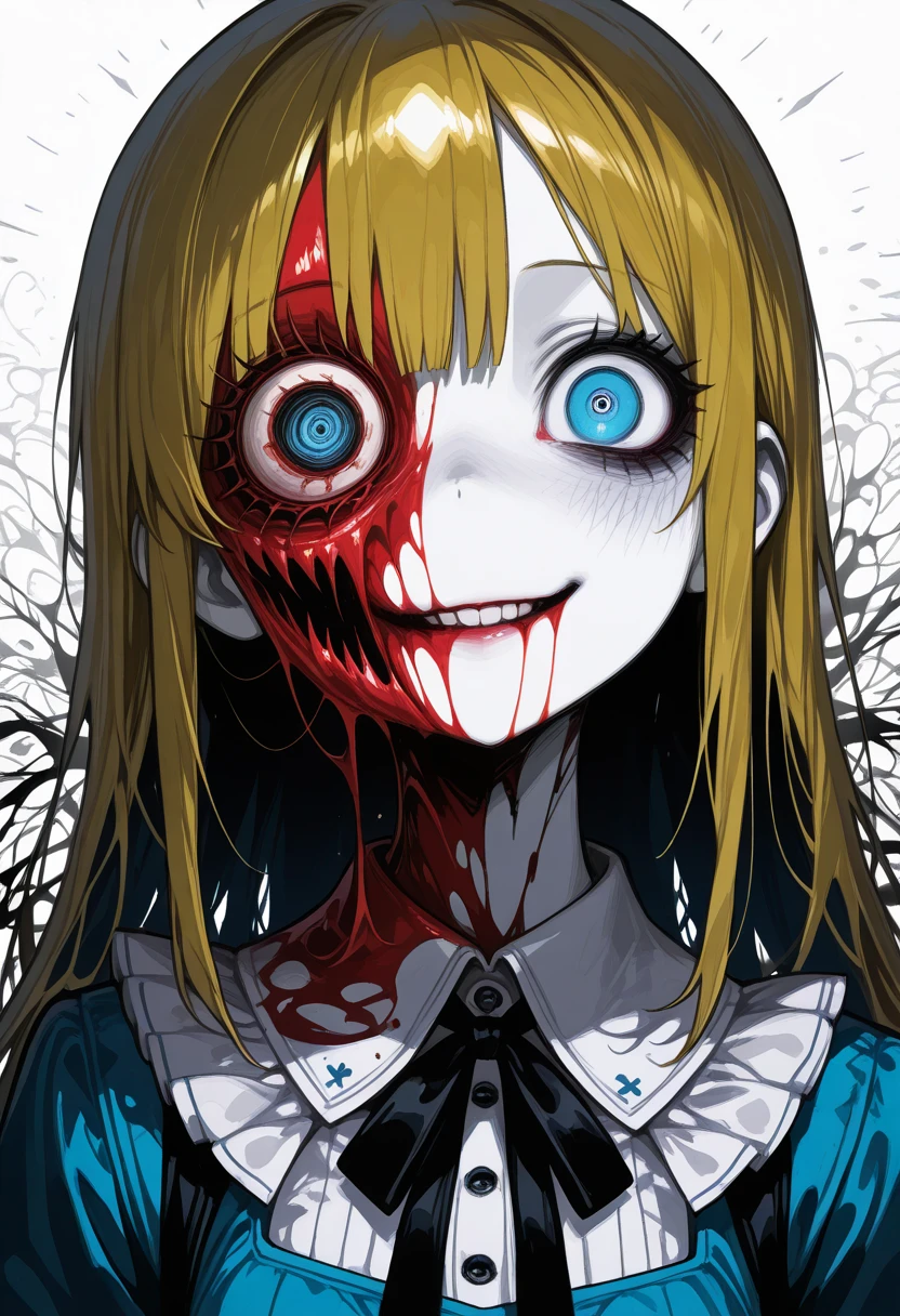 Horror, gore, void eyes, monster, open mouth, open throat, horror girl, horror school girl