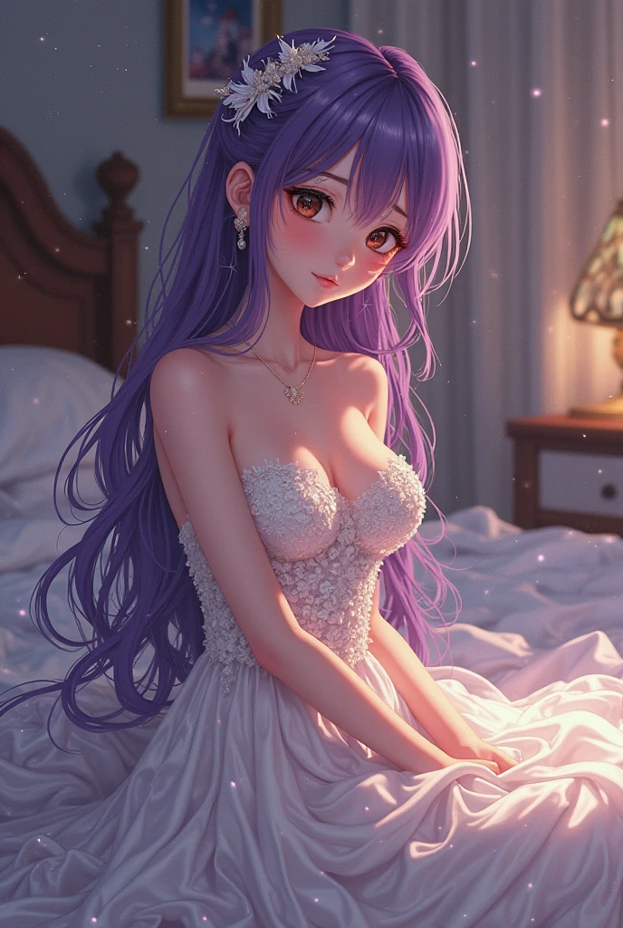 topaz eyes, parted lips, (small breast:1.5), dress, thighhighs, masterpiece, best quality, ultra-detailed, illustration,(1girl), beautiful detailed eyes, hair over one eye, sweaty body, seductive face, jewelry, floating hair, earrings, navel, long or short hair, necklace, seductive face,parted lips,(white or yellow or beige color clothes, sexy costume or nurce outfit or maid dress or skymfy clothes, purple hair ) ((undressing in front of an viewer, Goddess Pose，Exercise on the knees，Thin & Soft，translucent skin，pink hair、Aesthetic look of very long and floating hair, capturing the moment when her clothes are lowered, parted lips)). bedroom, erotic and intimate atmosphere illustration, lens flare, shining, aureole mesmerizing eyes, luscious lips, shadowplay emphasizing beauty, artistic composition, bedroom alluring bedroom setting, dark and moody lighting, seductive ambiance, soft and sensual color tones, silky-textured fabric, detailed cloth draping best quality,4k,8k,highres,masterpiece:1.2),ultra-detailed,(realistic,photo-realistic:1.37) vibrant color,normal breast , bright white tone, illustration,(perfect hand,perfect fingers)((nsfw)), glowify, dakimakura style