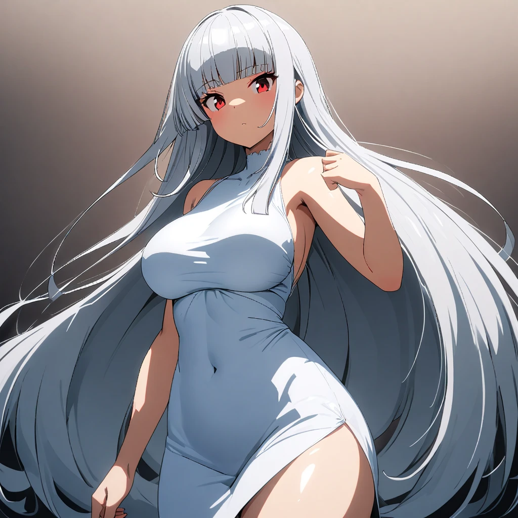 look towards the viewer, standing character, (anime coloring),(masterpiece),(best quality),(ultra-detailed),(best illustration),(absurdres),(detailed background), YUUNA YUNOHANA, LONG HAIR, (RED EYES:1.3), WHITE HAIR, CLEAVAGE, WHITE WEDDING DRESS, WHITE CLOTHES , GHOST, blushing, TRIANGULAR HEADPIECE, ALBINO, lady body 18 years, shy, looking at viewer, more close to the viewer, adult, tall body, open smile.
