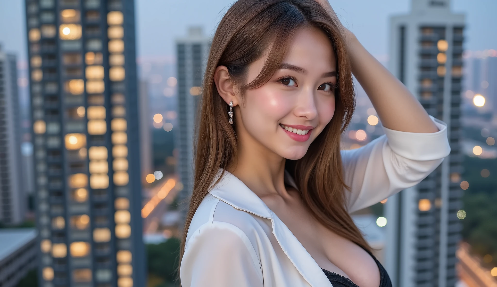 Random Pose, Mix 4, (8K, RAW Photo, Best Quality, Masterpiece: 1.45), (Real, Photorealistic: 1.37), Female, Cute, Smile, Cityscape, Night, Professional Lighting, Radiosity, Normal Breasts , deep V neckline slip dress, front facing, full body figure,