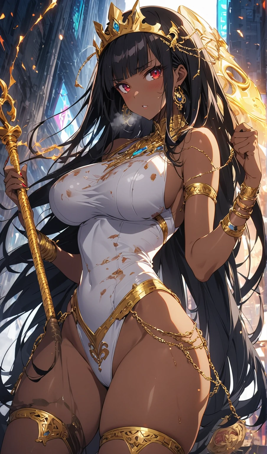 Best Quality, High resolution, absurdities, ultra detailed, 1 girl, (long_hair, alone, hair_ornament, dark hair, tanned skin, neck, bangles, huge breasts), Wet, costumebzc, top-less, minimal costume, covered nipples.