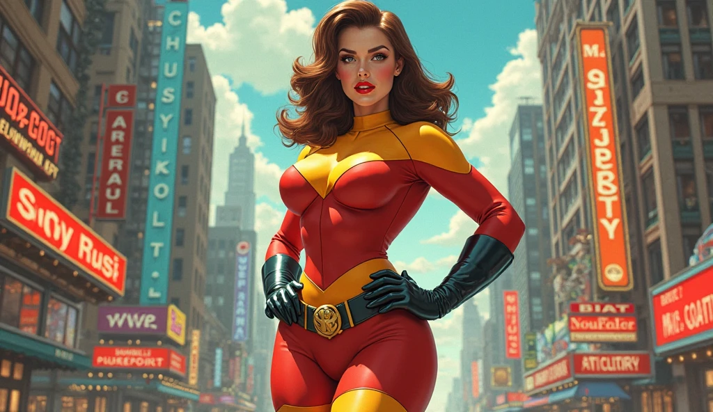 a woman, long hair, redhead, curly hair, 90's X-Men uniform, outside, Marvel art style, comic, blue eyes, full lips, busty, fake tits, big breasts, perky tits, turgid boobs, thin waist, booty, dark yellow spandex, orange accent, cowboy shot, 16k, 8k, 4K, HD, 1080P, highres, best quality, high quality, award winning, high details, super detail, anatomically correct