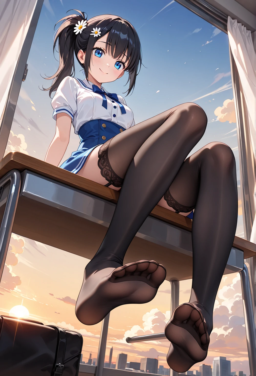 masterpiece, best quality, very aesthetic, absurdres, foot, pantyhose,no_shoes, sitting, (from below:1.25),sweat, ,amiya_(arknights), animal ears, rabbit ears, blue eyes, brown hair, tight medium hair, half-up, long ponytail,black jacket, blue skirt, blue ascot, white dress shirt, fly front, tights,,on the beach