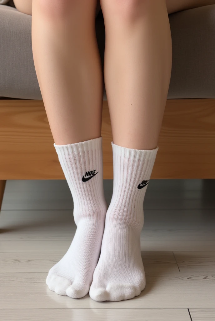 Wearing white Nike socks, Highlighted with white knee-length socks featuring the Nike logo, Black Nike logo on socks, The socks always have one black NIKE logo visible, and there are two pairs of socks on each foot
白のNIKE靴を履いてる