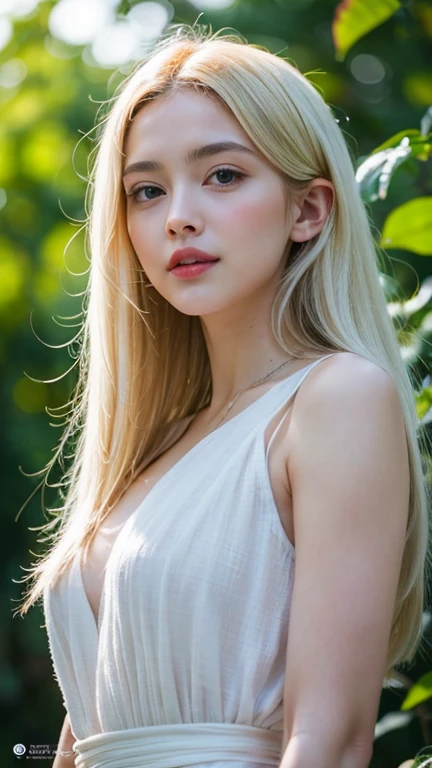 (((full medium shot))), (Masterpiece, photorealistic, photorealism, best quality, ultra-detailed:1.3), (nice hands, perfect hands), official art, cinematic light, (1girl:1.3), adult, angel with 2 large angel wings and a halo, perfect curves, wearing a white dress, strapless, suggestive pose, romantic, solo, detailed eyes, looking at viewer, sitting on a rock, forest, nature, forest meadow, beautiful, looking at viewer, embarrassed, medium breasts, fantasy, from front, looking at viewer playfully, naughty, smirk, romantic, (blonde hair, mid parted hair, straight hair, long hair:1.2), pronounced blush, beautiful green eyes,
