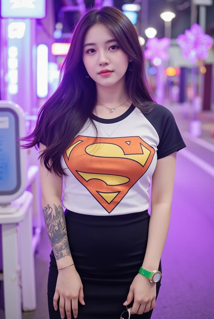 a beautiful woman, plump body, wearing a white crop top with a superman logo, denim shorts, showing cleavage, with big thighs, on a night city street, 8k, detailed, cinematic lighting, hyper realistic, award winning photo, dramatic composition, glowing skin, volumetric fog, neon lights, moody atmosphere