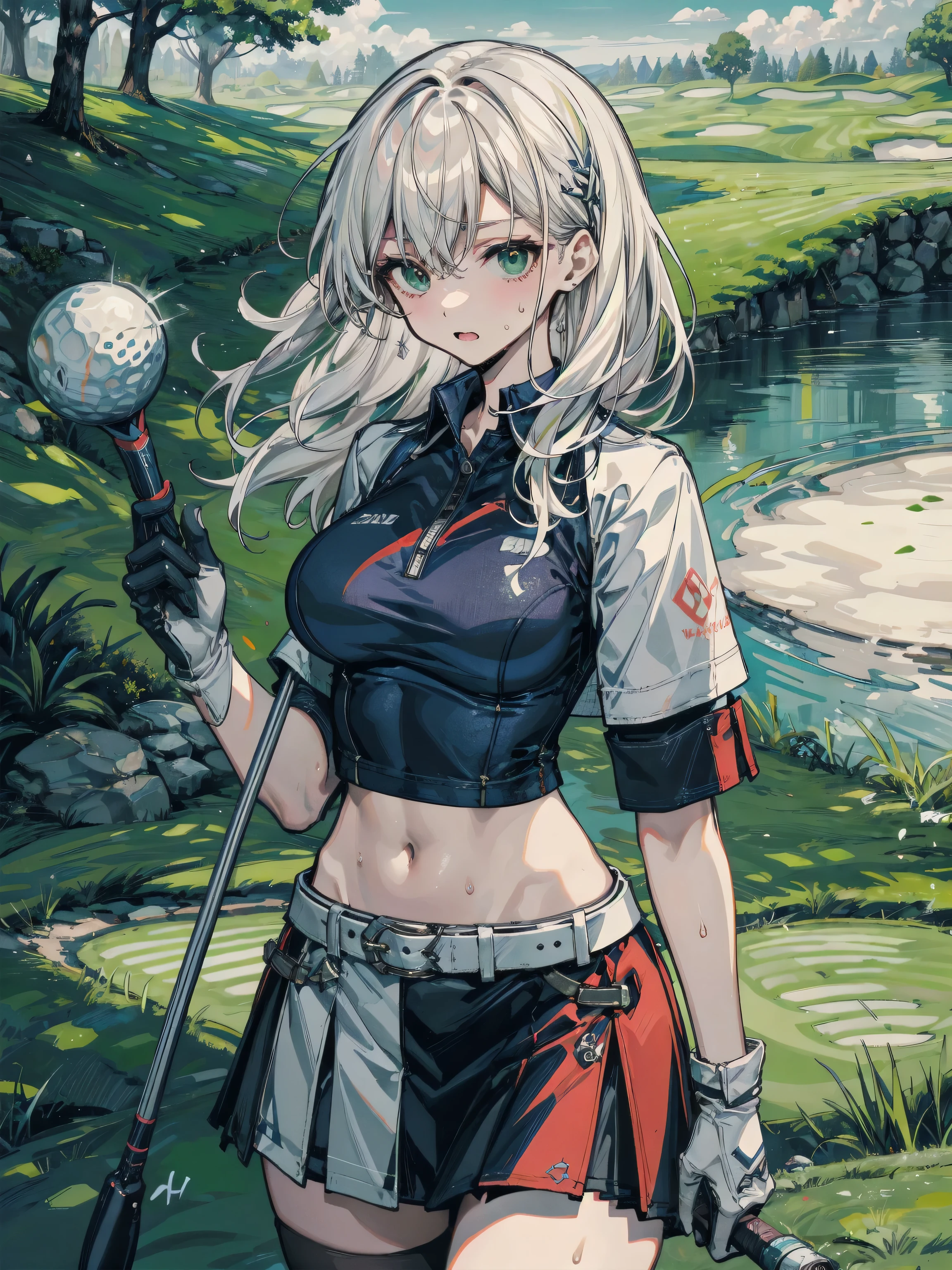 golf uniform, shorts, absurdres, RAW photo, extremely delicate and beautiful, masterpiece, Best Quality, ultra high resolution, 32k, hyperrealistic, ultra-detailed, detailed description, pale skin, 20 years old, tearful mole, earring, big tits, short medium hair, wavy hair, whole body shot,