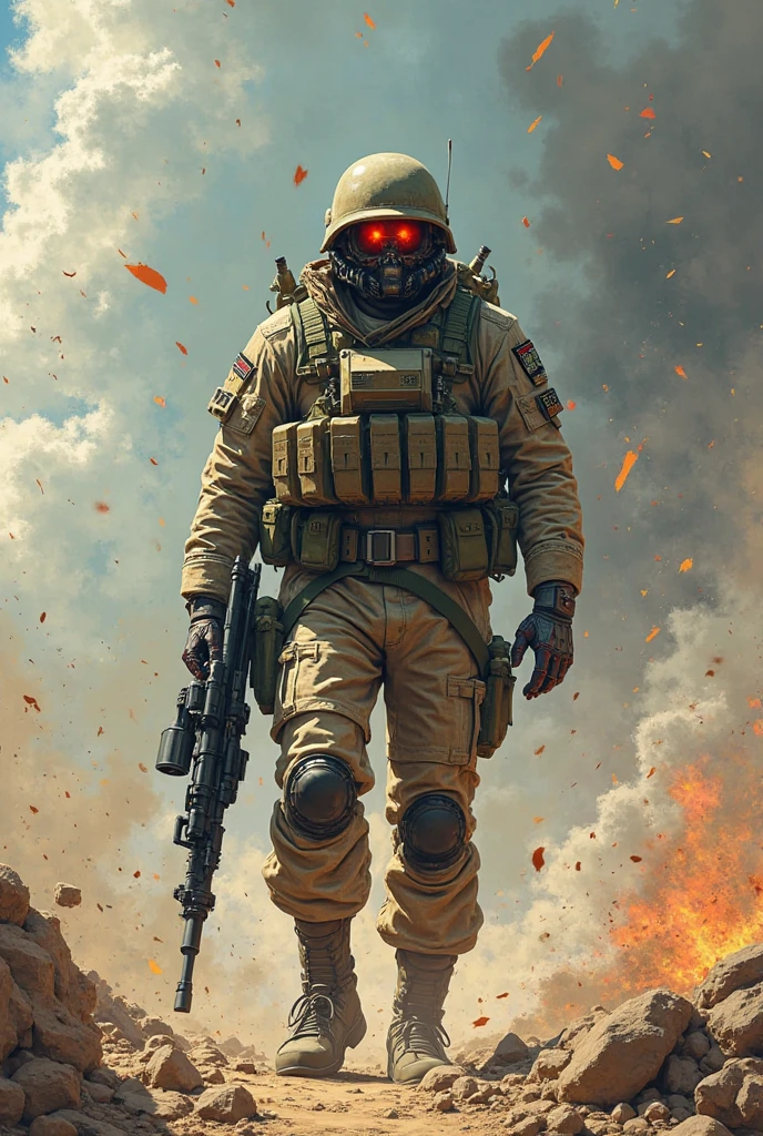 A imagem retrata um personagem americano em uma vista frontal, with an imposing appearance and an athletic body. His war suit is torn and he wields a powerful weapon. The scene takes place in a landscape of a post-apocalyptic city, filled with volumetric dust, que cria uma atmosfera densa e sombria. The character's facial expressions convey the intensity and determination of his mission. Elements of science fiction are present, evidenced by a distinctive silhouette and apocalyptic accessories, combinados com elementos futuristas e cyberpunk.
The art style is inspired by cel-shading, com cores fortes e contornos marcantes, resembling a comic book aesthetic. Post-apocalyptic settings provide a rich backdrop, with grungy textures and aesthetic bad guys. There is an emphasis on graphic violence, with particle effects from explosions that create a climate of action and imminent danger.
The image is a master piece with an exceptional quality, featuring a resolution of 8K Ultra HD. Octane rendering and the Unreal 5 engine ensure an impressive level of realism, com detalhes minuciosos e uma atmosfera imersiva. The result is an impactful illustration, that combines action elements, Science fiction and post-apocalypse, Creating a memorable and exciting image.