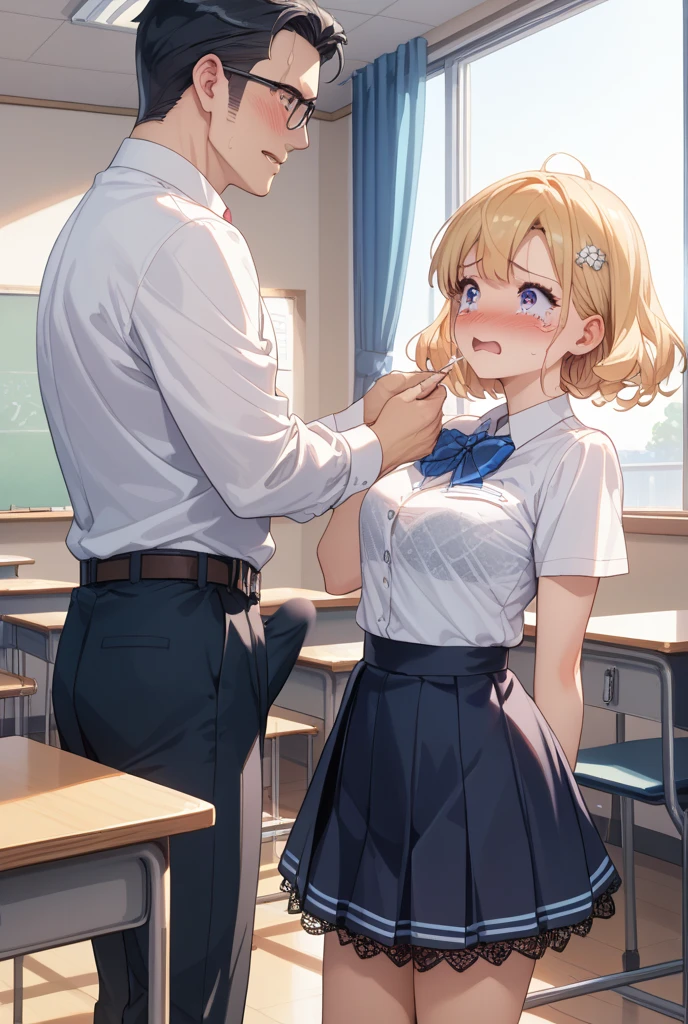 masutepiece, Best Quality,Illustration, Wallpaper, ultra -detail, Little Face Lori、(((molesting)))、Detailed eyes, Complex hairstyle、Sareme、((fear:1.5))、(Teary-eyed:1.5)、(((Cute underwear)))、(blouse、skirt by the)、ample breasts、((Morester))、((Girl being taken off her skirt by a man))