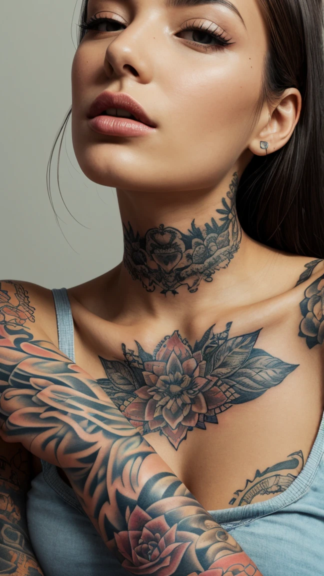 ((Best picture quality, 8K, tmasterpiece:1.3))，1girll，light brown short hair，18-year-old female model，breast tattoo：2.0，Sex tattoos，super gigantic breasts，Slender abs，Strong abs，Sichuan abs，Tattoo abs, fully tattooed body, Skin tattoos, Beautiful and delicate body and breasts, There are complex tattoos，detailed tattoos：1.2, Tattoos and piercings, intricate upper body