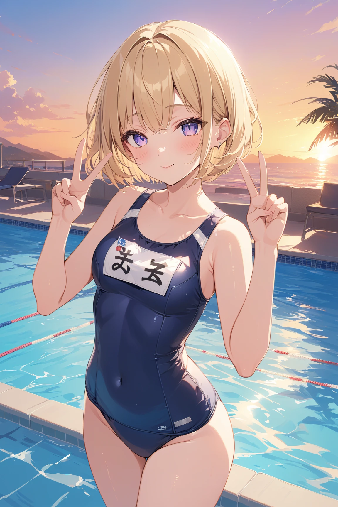 School Swimsuit,,Blushing、Pale brown eyes、Blonde、Side Ponytail、Medium Hair、、Head to toe full body、Blushing、Embarrassed look、Composition from the front、A view from slightly below、school swimwear、Acme Face、Random pose、, 、nsfw、Highest quality、1 girl、solo、Ocean、Sandy Beach、Sexy pose、Random pose、Blushing、Wet、Embarrassed、I can see half of my 、、One piece swimsuit、(Strap slip:1.3)、School Swimsuit