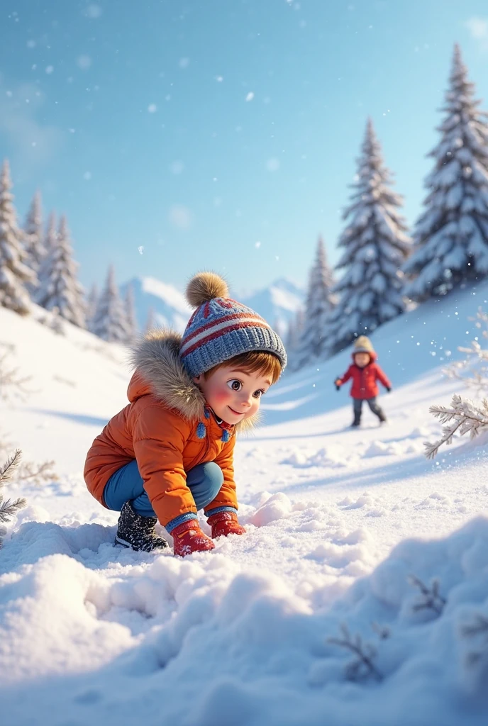 (8k, 16k, award winning, highest quality, highest resolution, intricate detail, ultra detail, anatomically correct, masterpiece), snowman sliding down the hill on a sled with a child, snow scene, smile, fun, two people ride,
