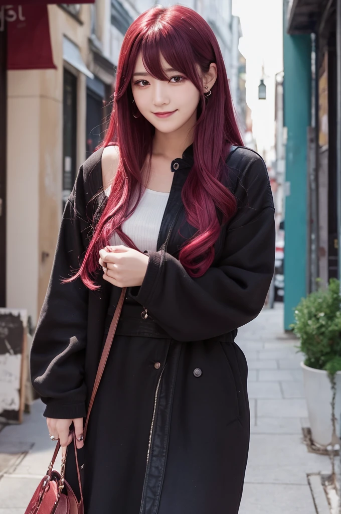 bit girl,long pink hair,Shy,Purple eye,Bare-dressed,short man,Horizontal viewing angle,Hands pressed against skirt negative description: