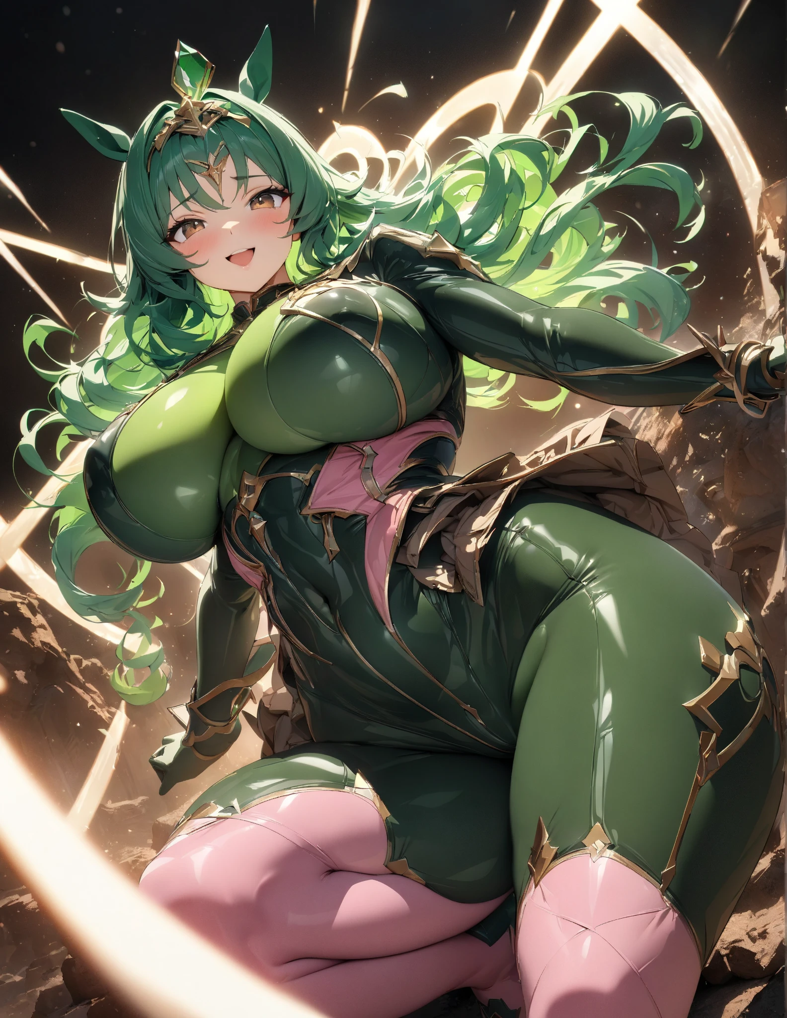 (8k, best quality, masterpiece:1.2),\(Eye details\),\(Facial features details\),(\(Clothes details details\)\),Oily skin,Excellent use of contrasting colors,UHD, retina, anatomically correct, super detail, best quality, highres,(1 girl:1.3),solo,full body,36 years old,silver hair,wave hair,(the hair length to be hip:1.2),(green eyes:1.1),(Elf),pointed ears,White skin,Shiny skin.(Green Ranger),(Dark green cloth armor with large areas of exposed skin:1.3)+(tricorn hat:1.2)+(Silk sleeves:1.2),(Black stockings),Leather Boots.thick thigh,Smooth thighs,(gigantic breasts), cleavage, upperboob,slim waist,