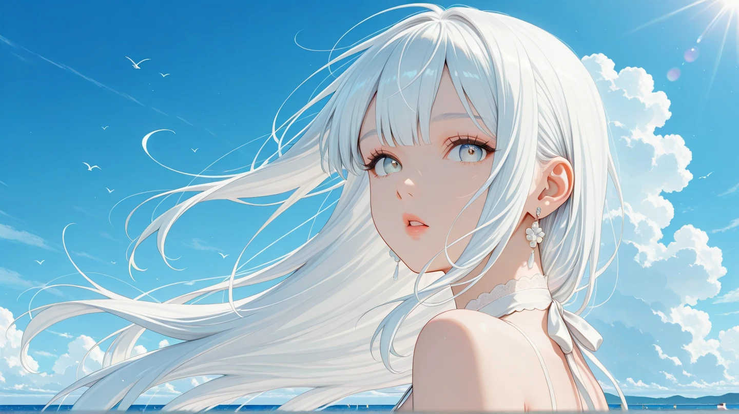 highest quality、Realistic、Women、Japanese、zoom、look up、cute、smile、Seaside、Gray eyes、Platinum Blonde Hair、long hair、Blowing in the Wind、profile、Wedding dress、Face close-up、slender、Small breasts