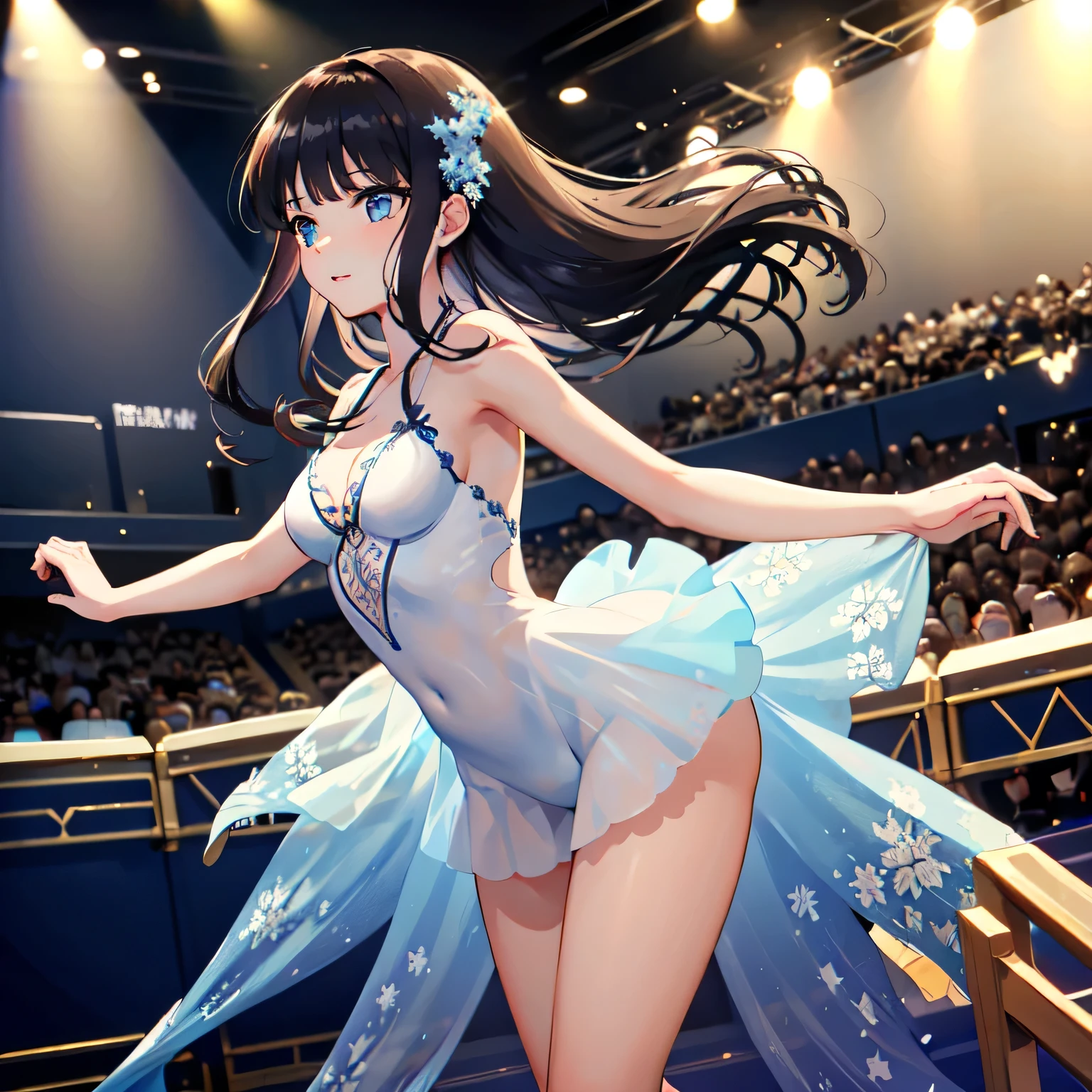 best qualityer，tmasterpiece，超高分辨率，（realisticlying：1.4）be on stage，1 Young beauty，黑The eye，Look at the audience with a smile，cabelos preto e longos，tiny ears，are standing，Bigchest，Slim，Long legs，No shoes，Expose legs and feet，in a bikini，Sexy and cute，二重まぶた，The face is delicate，Good looking eyes