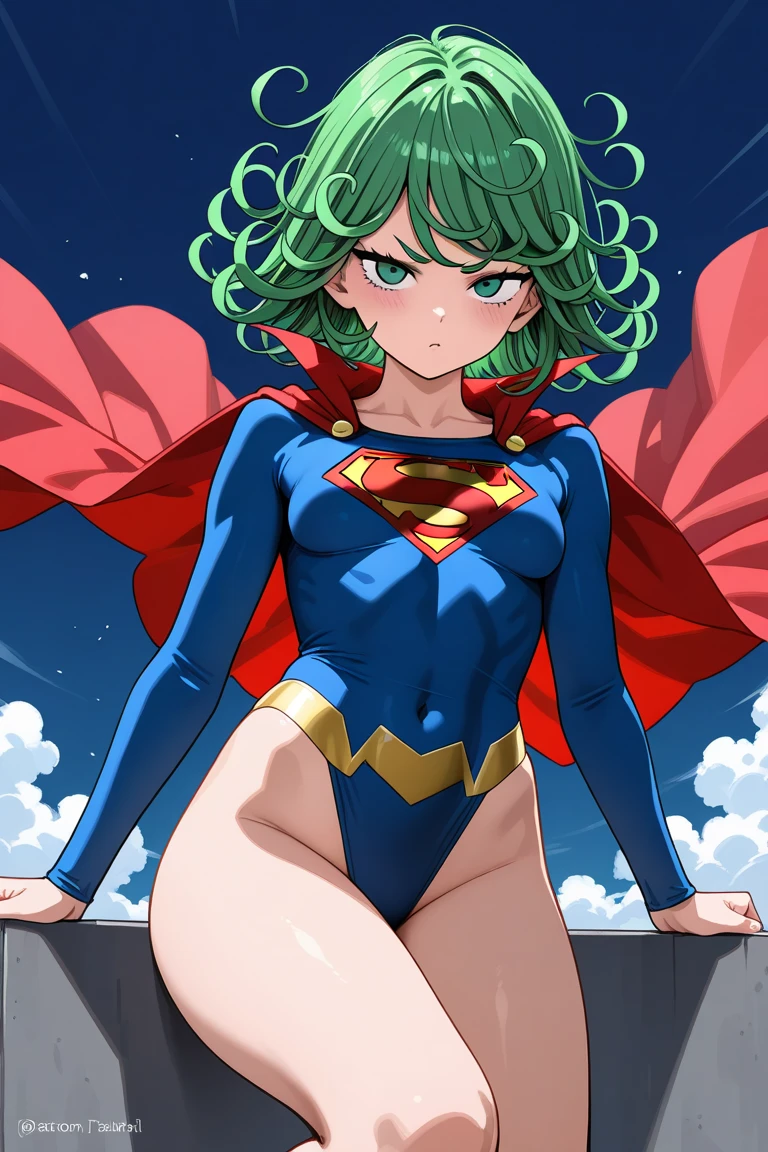 (Masterpiece, Best Quality:1.2), solo, 1girl, tatsumaki, unamused, closed mouth, looking at viewer, hand on our face, sitting, she wears a full Superman suit, a full suit, (red short skirt), a blue-black top, a red cape, Superman, a capital letter on her chest, flying in the air