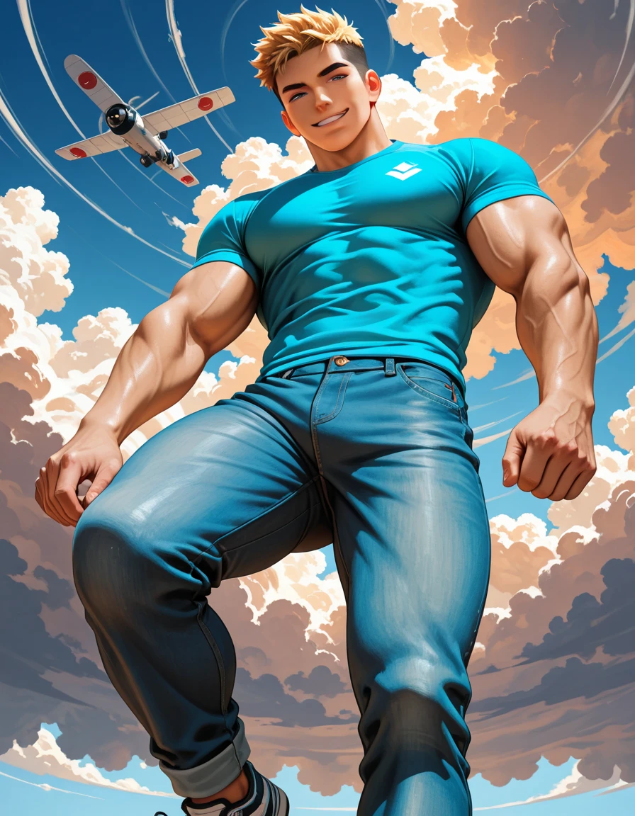 a muscular man in blue jeans Lowered, black underwear, erect and beautiful penis visible, jets of , pained expression, sexy pose, highly detailed, photorealistic, 8k, hyper detailed, dramatic lighting, sharp focus