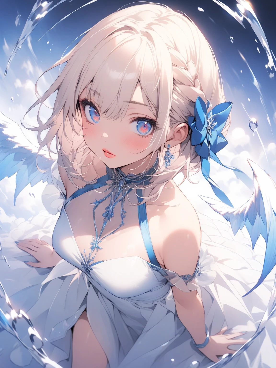 beautiful, masterpiece, Highest quality, anime, One girl, C Cup,Portrait Shot, View your viewers, Intricate details,>,((Covered、Short Hair、nearby、Blue Eyes、art、、White hair,Blue streaked hair、wallpaper、、white_Silk gloves、hairpin、smile、Frilled bikini、Angel、Thighs、Halo、