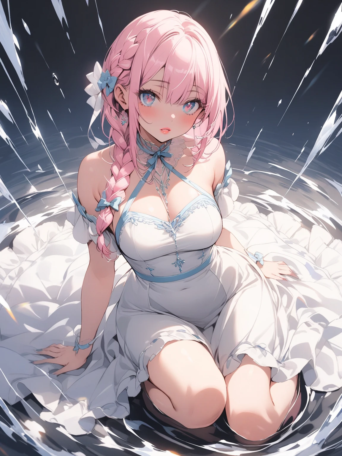 Plain white with emphasis on the chestＴshirt、You can see the chest from the neck、Ultramarine and white striped mini skirt、When you lift up her skirt you can see her cute pink frilly underwear.、A fluffy, white ruffled flared skirt、When she flipped her skirt up, she found cute red ruffled underwear、barefoot、hot spring、Three girls of different heights Magical girl with magic wand、