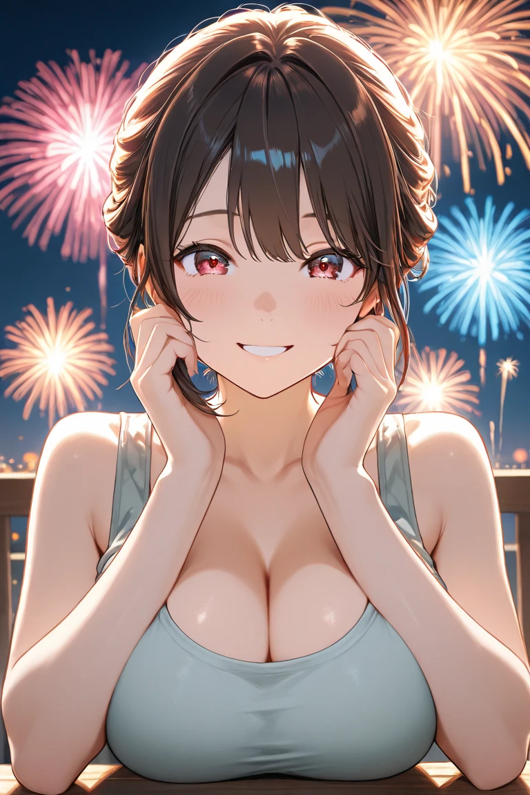 highest quality、High resolution、detailed background、clearな10代の美少女、clear、(huge breasts:1.5)、(night view、firework、from the top of the pleasure boat:1.2)、Look at me happily、Don&#39;please show me your panties、
Yukata with bright colors and patterns、pink or light blue cherry blossom pattern、cute hairstyle、tie hair、bun hair、white floral embroidery panties、No bra、emphasize the chest、emphasize cleavage