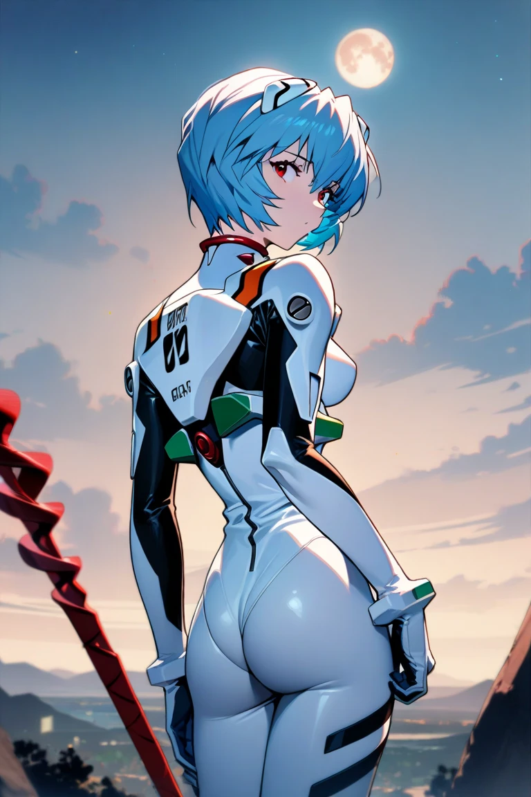 (best quality:1.2),1girl,solo,standing_split,Ayanami Rei,white bodysuit,red eyes,pilot suit,short hair,blue hair,bangs,interface headset,turtleneck,hair between eyes,pixelated background,neon lights,sci-fi color scheme,vivid colors,metallic texture,detailed shading,holographic interface,dark atmosphere,high contrast,sharp focus,wisps of hair,reflective surface,exquisite details,high-res,studio lighting,red accents,illuminated surroundings,artificial intelligence assistant, nude chuby and suck dick