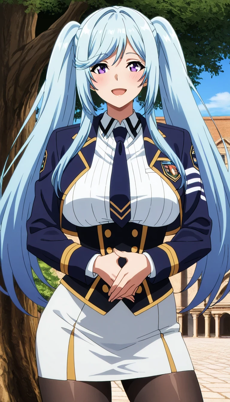 score_9, score_8_up, score_7_up, source_anime top quality、8k、masterpiece、natural light、high accuracy、perfect anatomy、transparent yoga tights for one woman、Mature Woman、medium breasts, sagging breasts:1.6, voluptuous body, epsilon, long hair, twintails, blue hair, purple eyes, sidelocks, ( Happy Expression 、fun expression)、 school uniform, open jacket, cropped jacket, navy jacket, gold trim, white shirt, long sleeves, navy corset, white skirt, tight pencil skirt, navy necktie, pantyhose, (( in the school courtyard 、Under a Big Tree)),standing, sexy pose, contrapposto, own hands clasped