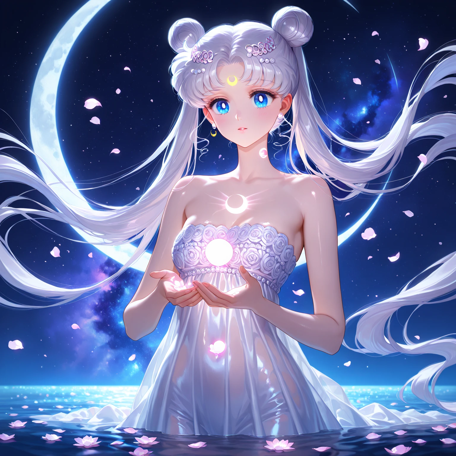 NSFW, ((beste-Qualit, 8K, tmasterpiece :1.3)), dramatic lighting, pretty woman, 1 girl, Sailor Moon, Detailed large eyes, tmasterpiece, breath taking, Viewer, Full growth in the frame, Long white hair, gray hairs, Two bundles on the head, pale skin, Odango hairstyle, Careful, ah high, Real water, White transparent wet long dress, semi transparent dress, Wet, crystal clear water, The water is flowing, beautiful big breasts, sexypose, sexy expression, glossy skin, A crystal palace is visible in the background, Palace of Crystals, Crystals and crystal in the air and around the character, Beautiful flowers, Crystals glow