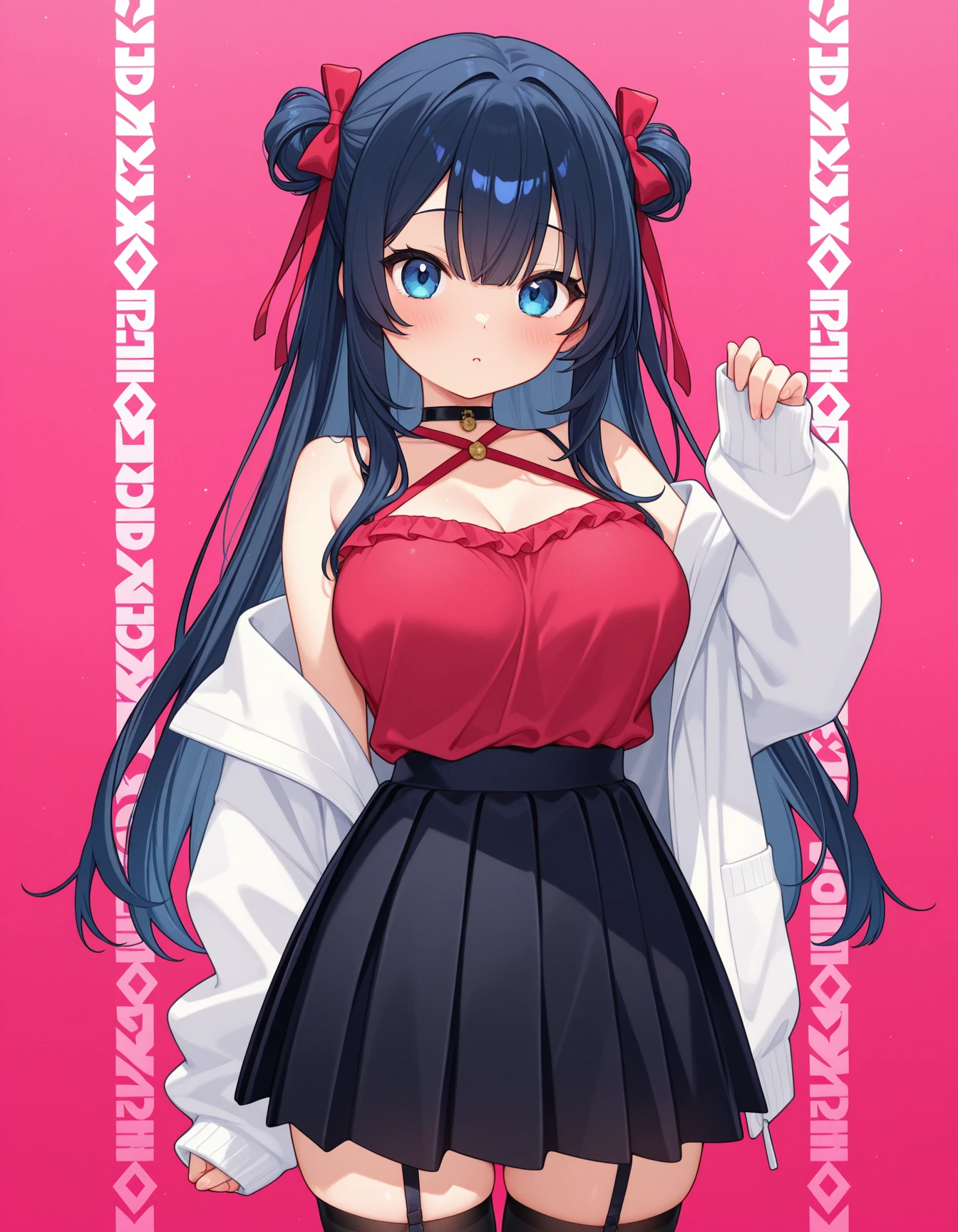 score_9, score_8_up, score_7_up, score_6_up, score_5_up, score_4_up,
(gradient background:1.15), white border, 
refraction, caustics, rim lights, backlighting, bloom,
BREAK
source_anime, sky, 
BREAK
1girl, bare shoulders, blue hair, huge breasts, cleavage, looking at viewer, miniskirt, red eyes, shortstack, skirt, solo, twintails, blush, bangs, ribbon, hair between eyes, very long hair, hair ribbon, white crop top, pleated skirt, sleeveless, pink ribbon, standing, looking at viewer, pink skirt, crop top, glistening skin, up close, backpack