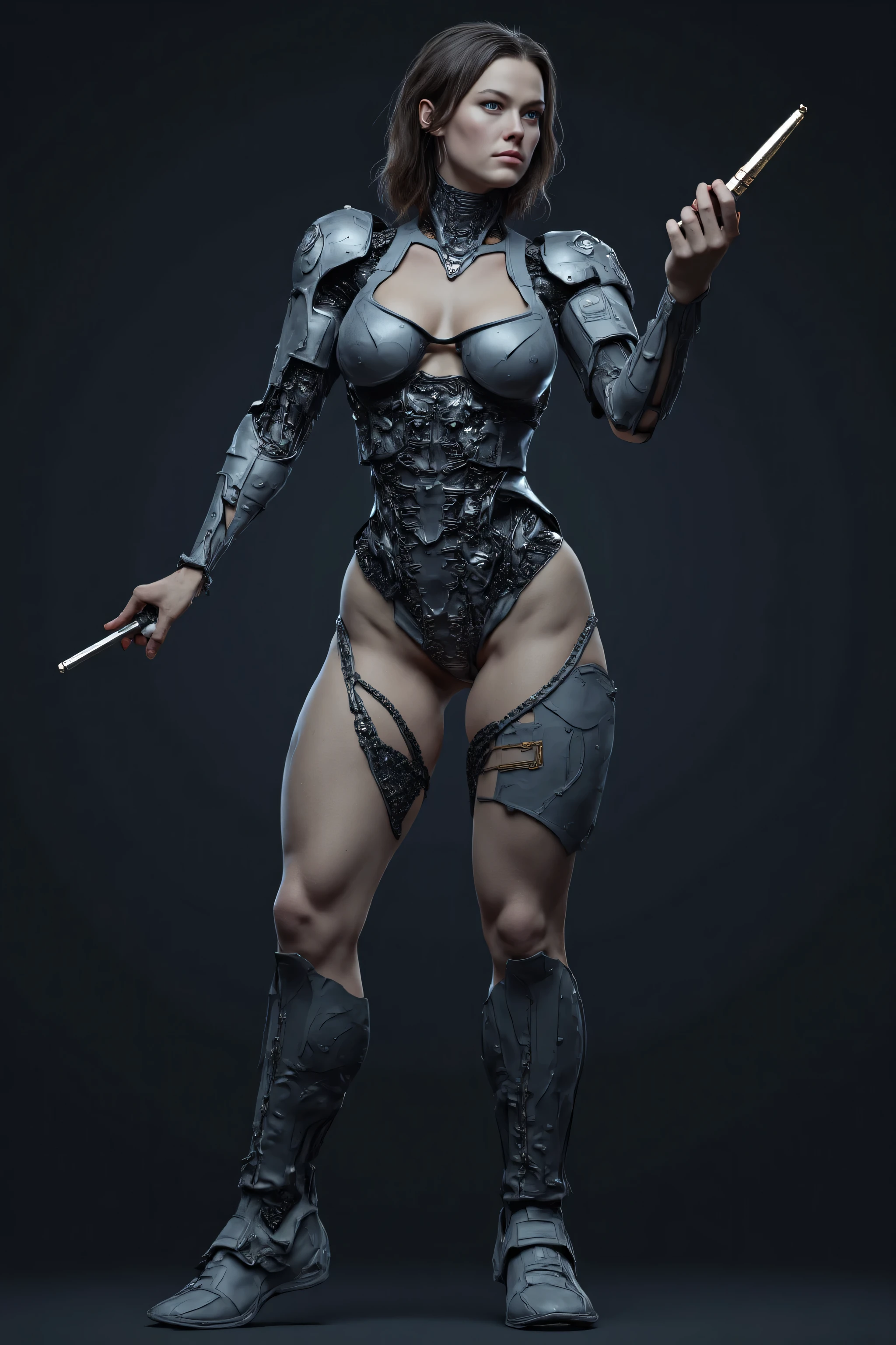 a super wide angle shot of an android using a screw driver to fend of enemies, she is realistic skin, but parts of her are being repaird and expose platelike doors where the inner robotic parts and wires and chips & circuits are, the detail in the chips and wiring are especially detailed. she is a human warrior replacement cyborg, she is in a fierce action shot, as the military and doctors are trying to work on her as if she is a cyborg, intricate transhuman and fear is show in her expression as she wants to defend her right to live, increase the detailing in her face of an android, in a realistic way, she feels like she is alive living in a futuristic cyberpunk apocalyptic machine, she could even potentially feel real because she is also partly a human that has been revived and wired into an androids body without her knowlege.