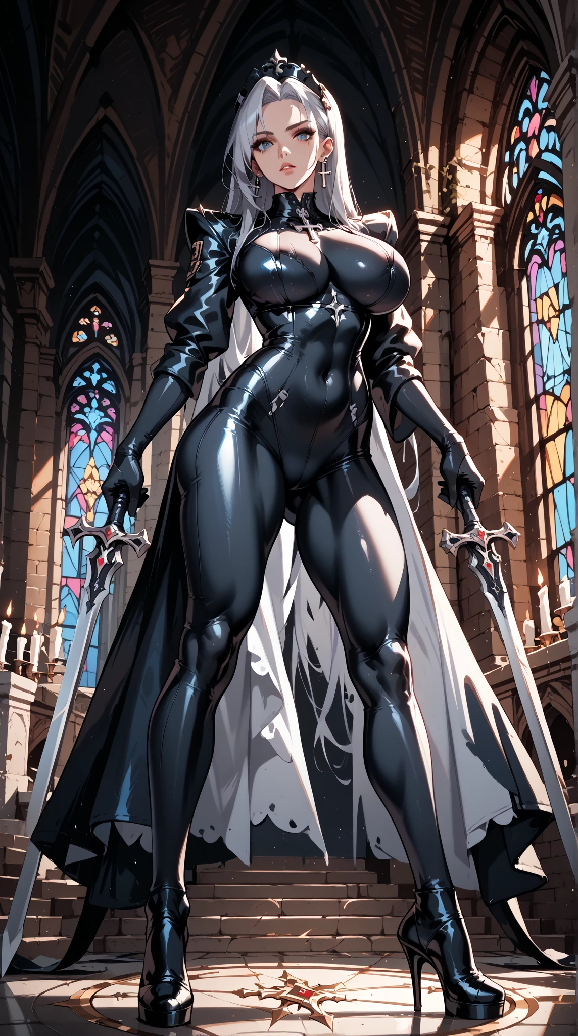 extremely long hair, ponytail, perfect anatomy 1 girl tall solo, slim thick, ((muscular)) high elf toned body, silver breast plate, blue cape, slender abs, hourglass waist, detailed face, defined cheekbones, puffy lips, gauntlets, gold crown, shadow over eyes, looking at viewer, masterpiece, white thigh highs lingerie, lustful smirking smile face red blushed red cheeks, 2 high heels feet together