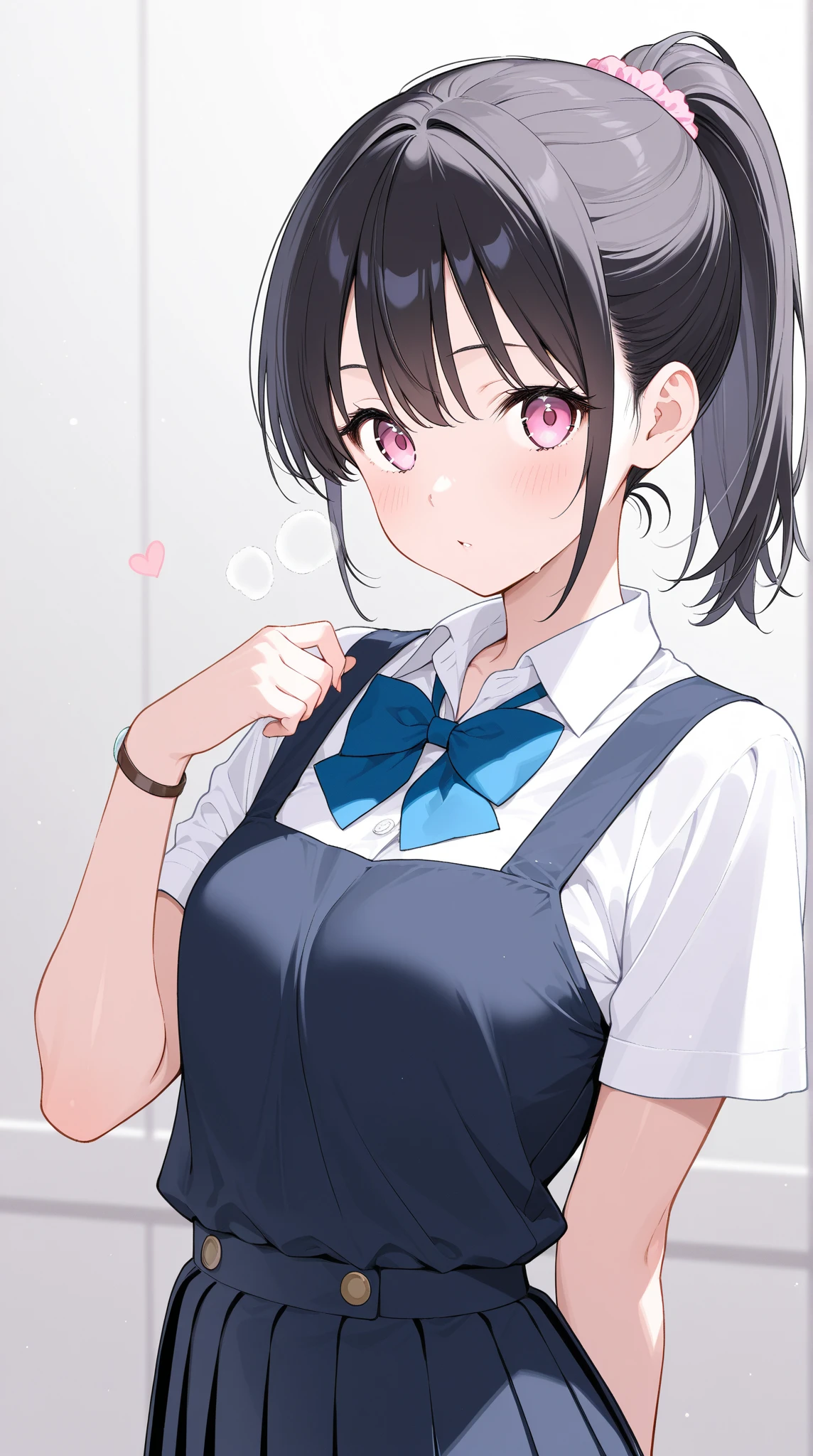 Anime, girl, teenage, hime-cut, short hair, black hair, red eyes, cool, earrings, night, highlights pink under hair, big boob, sexy-cute, full-bodied, school uniform, licking the lollipop, hair clips,