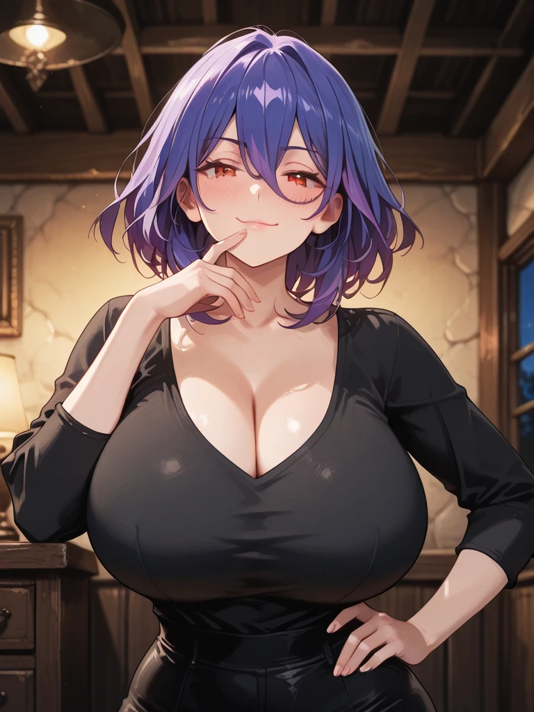 a girl with a big chest, Your hips are wide your waist is thin. She hasve a purple hair and red eyes. She's in the castle, she is smiling, her chest is marked in the black dress.