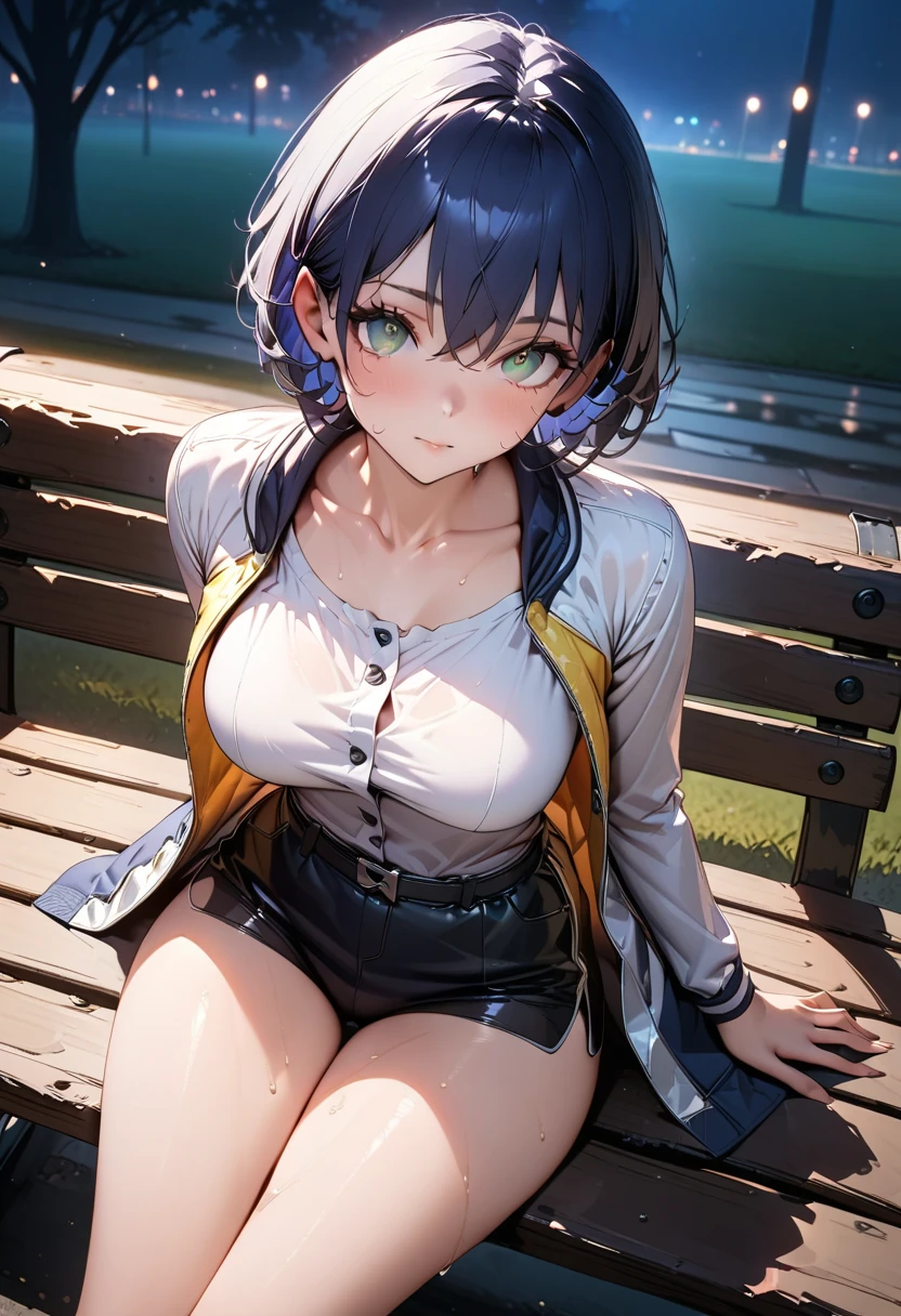 1girl, solo, ((full body)), village, trees, colorful hair, curly hair, ponytail, large breasts, button down shirt, ninja, ((black shirt)), ((unbuttoned shirt)), ((short sleeved shirt)), blue eyes, black shorts, katana, grin, looking at the viewer, standng, hair ribbon, bandage