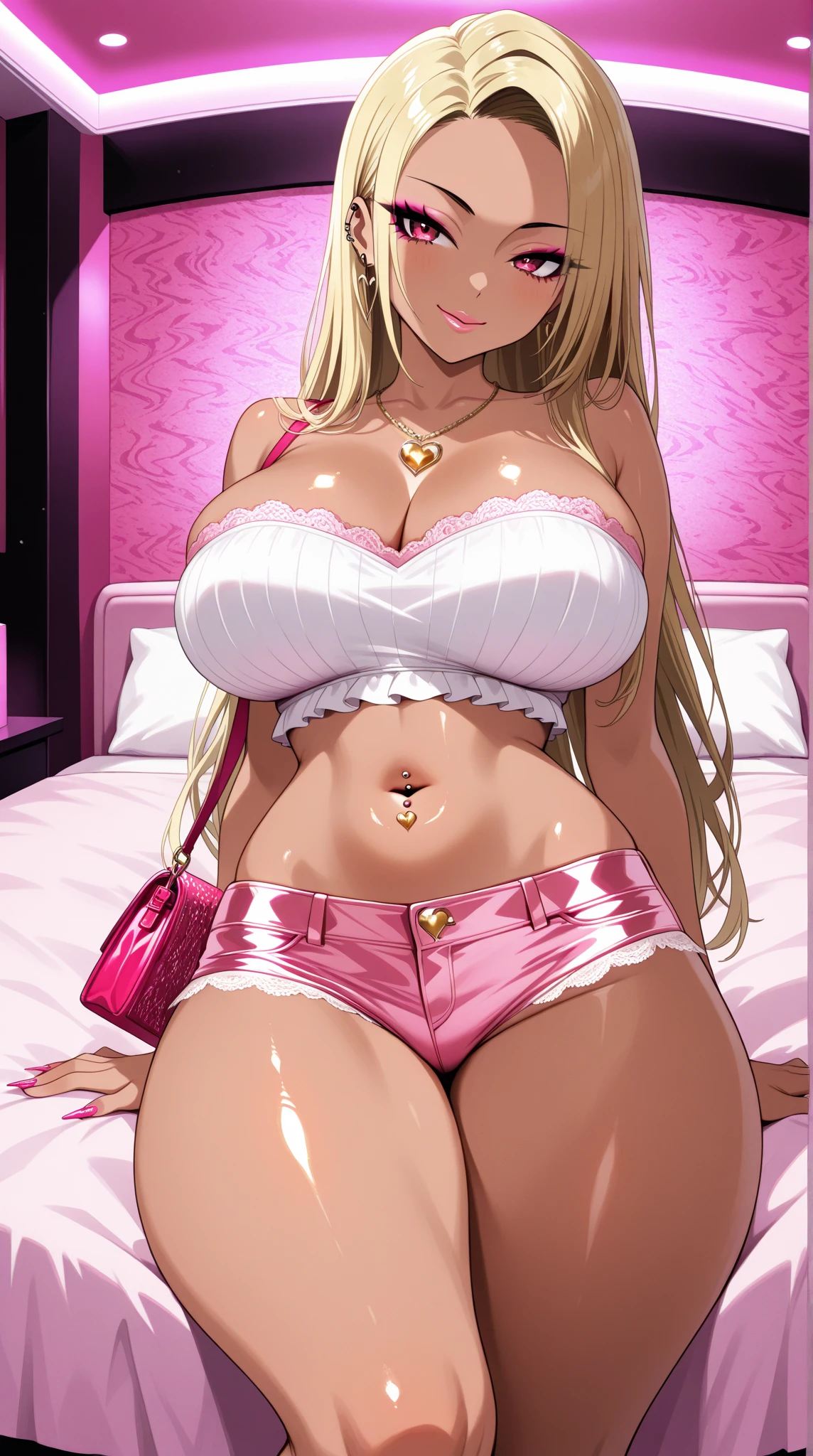 (Highest quality). (Super detailed). (One girl), View the viewer. (Detailed Background). Beautiful and fine details. Delicate and beautiful face. (High saturation), Big breasted, Saggy breasts, Blonde, Crown, (((Pink bra with straps))), (((Long legs))), (((Huge breasts))),
