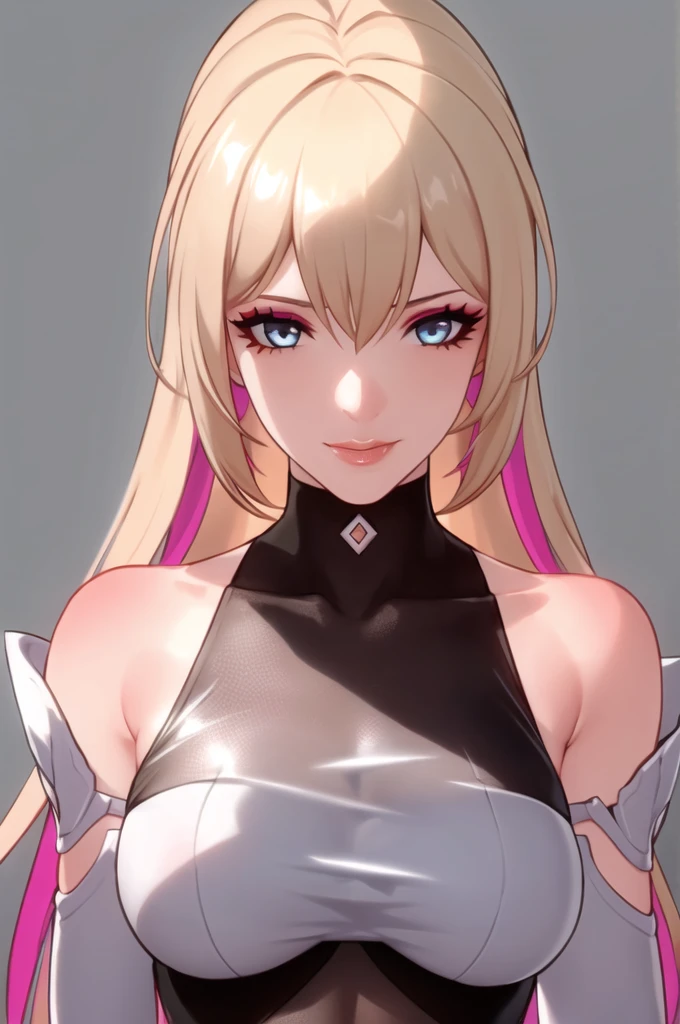 honkai star rail style, masterpiece, best quality, 1girl, (masterpiece), best quality, expressive eyes, solo, perfect face, long hair, goddess aesthetic outfit, long light blonde hair dyed with tint of pink color and with cute fluffy bangs well styled, hair dyed with pink color, detailed light blue eyes highlight light reflecting in her eyes, looking straight to the viewer, colorful lighting, lips, black shade of makeup on eyelids, fair skin, perfect hourglass body, she has sharp jawline, The artwork should have the best quality, with ultra-detailed and realistic features. The color palette should be vivid, and the lighting should emphasize the character's facial structure and expression. full body, standing,