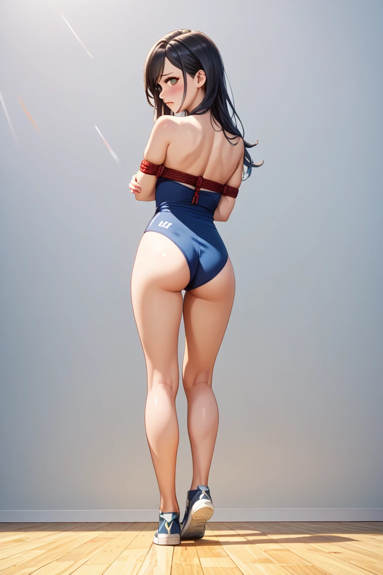 gdkat, dark skin, dark-skinned female, hairband, leotard, strapless, high heels, vambraces, black scarf, bare shoulders, smiling at viewer, blank background, standing,