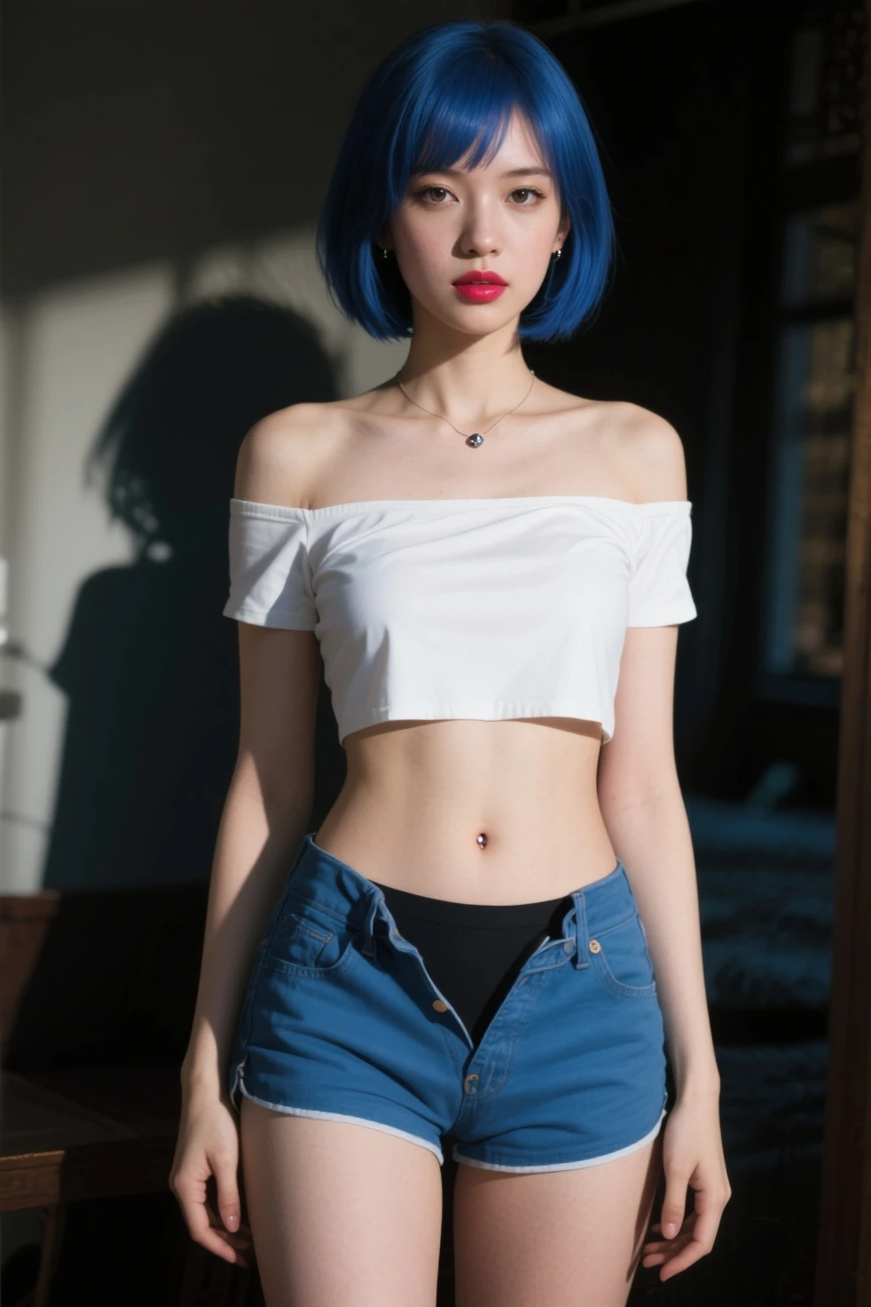 masterpiece, Highest quality, One girl, alone, 23 years old, Adult,Glasses, Turquoise Hair, Messy Hair, Asymmetrical Hair, Ahoge, Very short hair, Aqua Eye, Medium chest, Toned Up, 167cm, Pale skin, Glasses, Grin, White see-through shirt, jeans, Abdominal Peek,