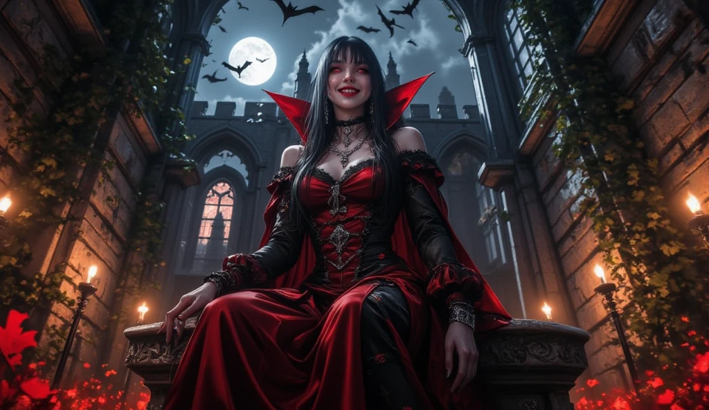 1 female vampire, looking at viewer, holding human body in her arms, night with red moon in background, fantasy, (realistic face), half body, open mouth, showing vampire teeth,
