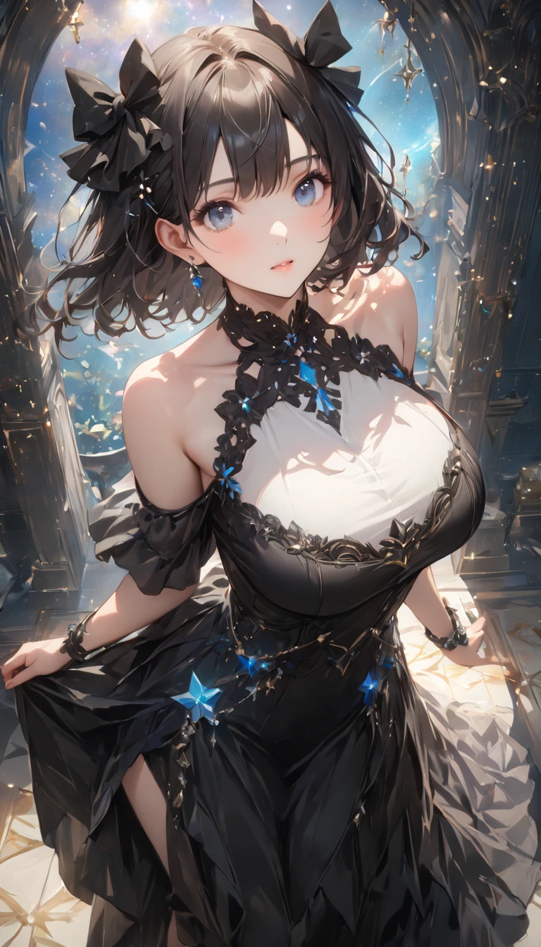 (top-quality、masterpiece、high-level image quality、Super delicate)、((a beauty girl))、(smooth dull gray hair)、(curly short hair、Long bangs)、(Braided hair)Yellow eyes like a brilliant sunset、Black Choker、Moderately large breasts、((Super obscene adventurer-style travel costume))