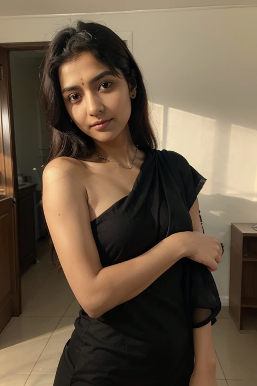 An 15 year old indian girl mirror selfie wearing black kutra without bindi and slightly fair in color