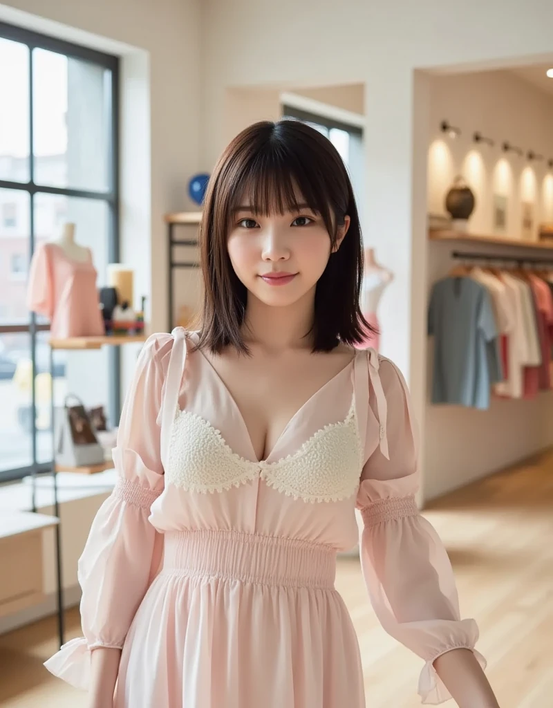 Top image quality、4K picture quality、8K picture quality、huge tit、g-cup、Height 145 cm、22year old、a baby face、with round face、japanes、Brown Bob Short Hair、Wearing a long-sleeved dress、Standing in front of me on a crowded train、I'm looking from above、Hands on chest