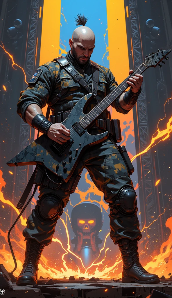 Create the art of a male skeleton cyborg character with a normal body and average height, usando colete militar a prova de balas, tocando um solo de guitarra, moicano de punk, Estilo Shadowrun, Personagem inspirado em Shadowrun, dystopian character, Estilo veterano de guerra, roqueiro