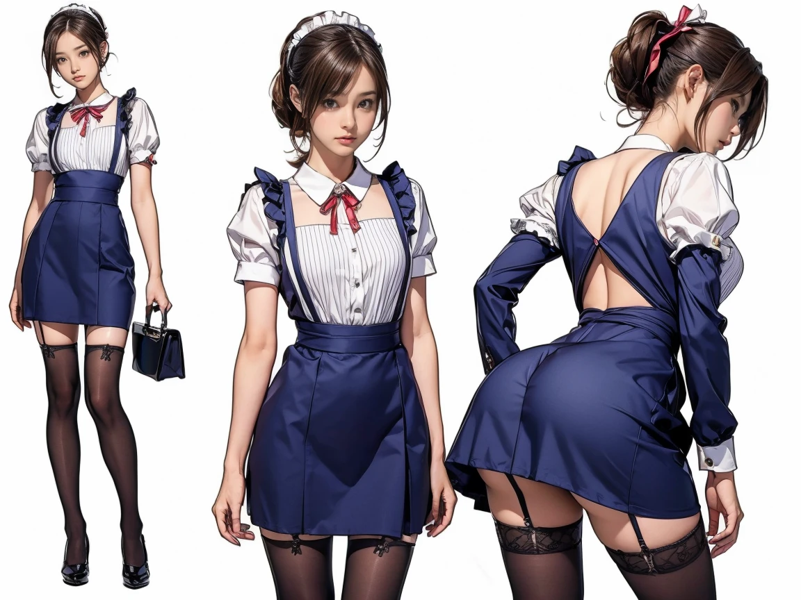 ((masterpiece)),(((highest quality))),((Reference Sheet, Character Design, front, return, ~ ~ ~ side, Mr...々Hairstyle, Mr...々performance, Facial Expressions)), 14-year-old girl, Cute type, (Very slim:1.4), (Very small ass:1.4), Realistic buttocks, Big Breasts, Short Bob, Thin thighs, Long legs, It's not a big deal, ((Dress and stockings, Gorgeous maid, Maid clothes,Hair Ribbon)), ((Browsing Caution:1.0))